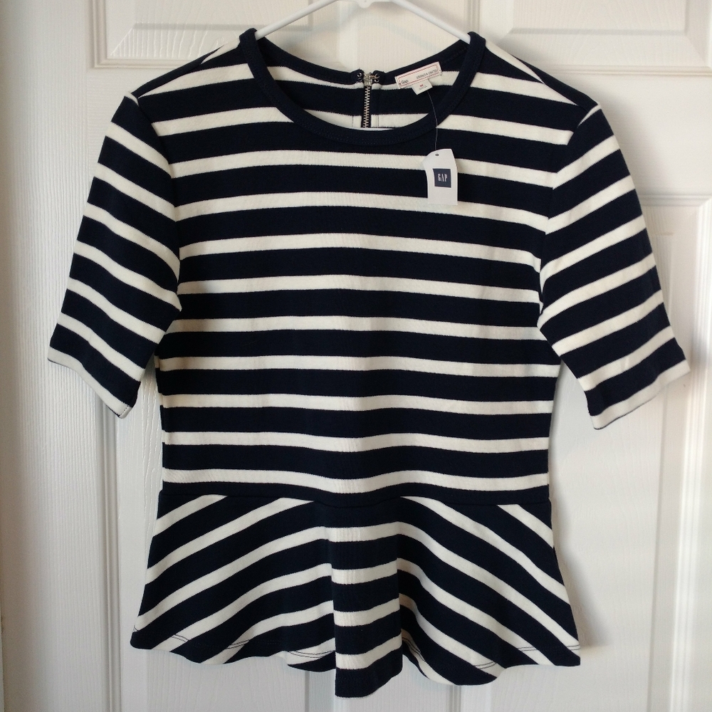 Gap Navy & White Striped Peplum Shirt Sz M